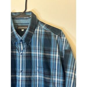 Stetson Button Down Men's Size 2XL Blue Plaid Long Sleeve Shirt Cowboy Rodeo